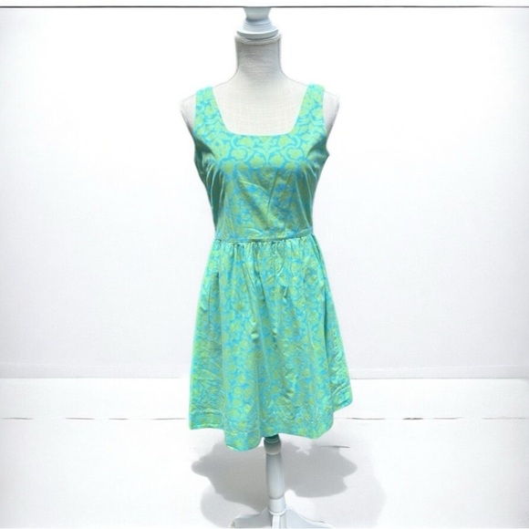 🌻Garnet Hill Green & Blue Floral Fit & Flare Cotton Sleeveless Dress Size 6 - Picture 1 of 7